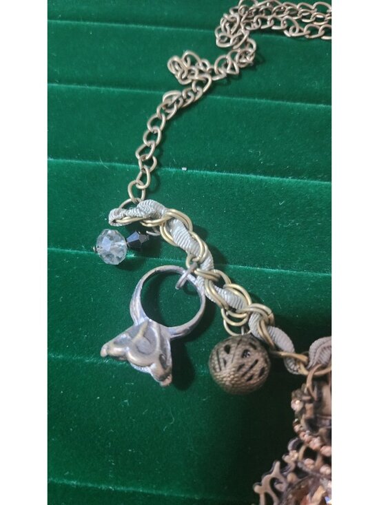 Vintage 80s Charm Necklace Key Heart Star Mixed Metal Ribbon Chain Statement - Picture 5 of 10